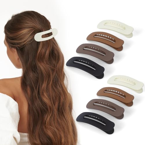 Large Lay Flat Claw Clips for Women, 8 Pack Ergonomic Curved Hair Clips, Strong Hold Non-Slip Design for Thick & Thin Curly Hair, French Side Slide Barrettes, Comfortable All-Day Wear for Girls