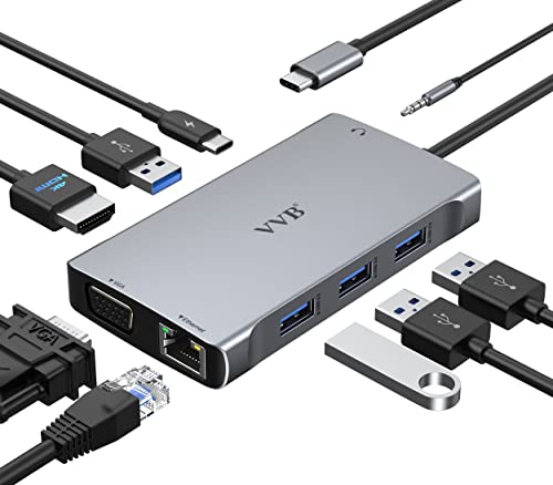 Hub USB C, Adaptateur Multiport 9-en-1, Stations d'accueil, USB-C vers HDMI 4K et VGA, Ethernet RJ45, Audio/Mic, PD 100W, Ports USB 3.0, Docking Station pour MacBook Pro/Air Dell HP Lenovo etc.