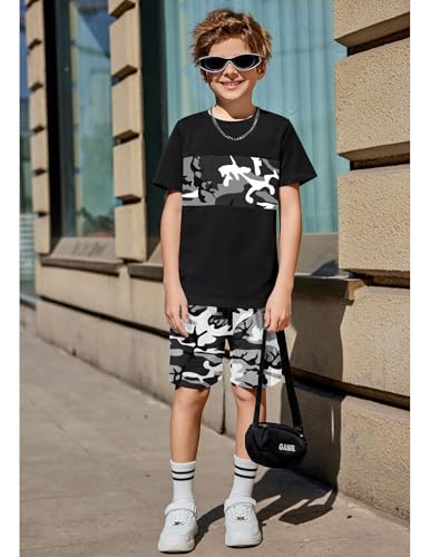 Image of Arshiner Boys' 2-Piece Cotton Outfit Color Block T-Shirt and Shorts Set Summer Camo Clothes for Kids 5-14 Years