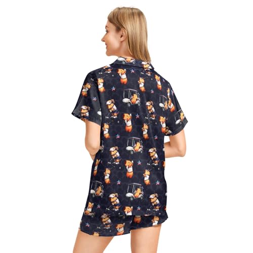 Image of Funny Pajamas for Women Set Print Satin Loungewear Pjs Short Sleeve Button Down Top and Shorts Sets Sleepwear XS-3XL