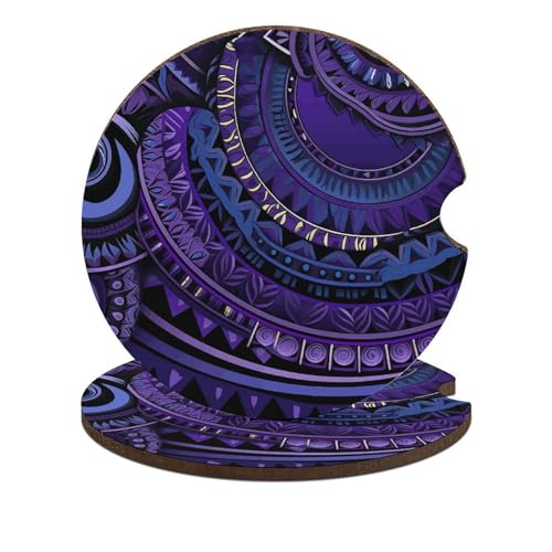 Portavasos para carro de madera con diseño tribal morado, pack 2 miniatura 1