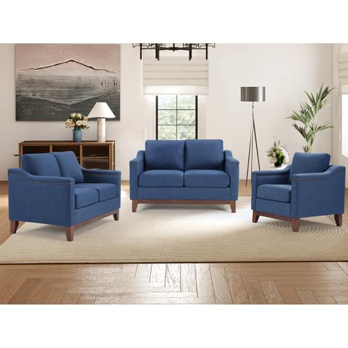 Image of Modern 3 Piece Sofa Set with Rivets, Included Chenille Accent Chair, and Upholstered Loveseat 2-Seater Couches Set of 2 with Solid Wood Legs, Living Room Furniture Set,Blue