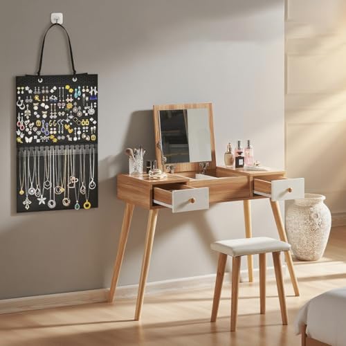 Image of HASTHIP Hanging Jewelry Organizer for Earrings & Necklaces, Felt Display Holder with 140 Earring Holes & 16 Necklace Hooks, 57x34.5 cm