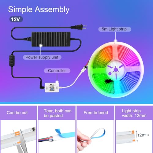 Image of RGB Smart IC COB Led Strip Light 3600 LEDs 16.4ft 12mm Width, 12V Alexa Led Light Strip for TV Backlight, Flexible Tape Light for Room Decor, Music Sync, APP Control, RGB+IC