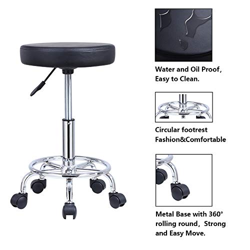 Kktoner Pu Leather Round Rolling Stool With Foot Rest Swivel Height Adjustment Spa Drafting Salon Tattoo Work Office Massage Stools Task Chair Cushion 14 Inches (Black) #TOP5