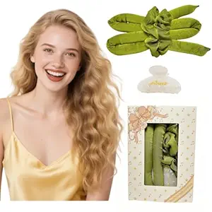 Serenade Textured Satin Heatless Curls Overnight, Heatless Hair Curler Curling Set for Women and Girls to Sleep in, with 2 Satin Scrunchies and 1 Clip for Overnight Curls, Green