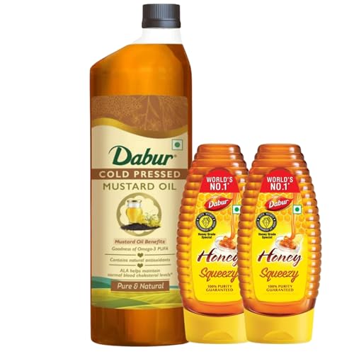 Image of Dabur Cold Pressed Mustard Oil 2L (1l x Pack of 2) + Honey Squeezy Pack - 800g (400g x 2) | Goodness of Omega 3 PUFA & Perfect blend of Taste & Aroma | Dabur Honey - Natural Immunity Booster