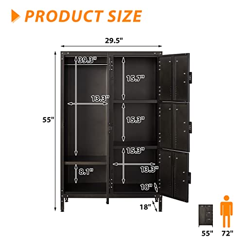 Image of Metal Locker Storage Cabinet, 55 inch Employees Locker with 4 Doors, Steel Retro Wardrobe with Adjustable Feet for Home, Office, Gym, School