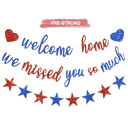 RICHHHA Glitter Red Blue Welcome Home We Missed You So Much Banner Pre-Strung Welcome Home Decorations Army Returning Homecoming Garland Sign Back to School Party Supplies,NO-DIY