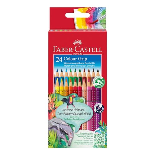 Faber-Castell 112424 Colour Grip Buntstifte für Kinder 24er-Buntstifte-Set Malstifte mit Grip und dreieckigem Schaft wasserlöslichen Pigmenten leicht auswaschbar und bruchsicher Schulsachen