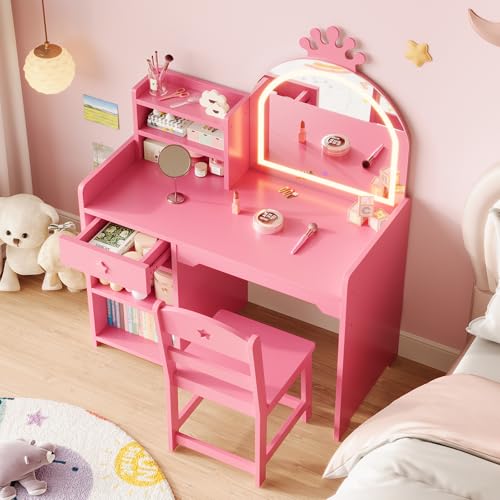 Garvee Kids Vanity with Lights, 2 in 1 Princess Makeup Vanity Desk Toddler Vanity Table & Chair Set with Open Bookshelf, Storage Cabinet & Shelves for Little Girls,Pink