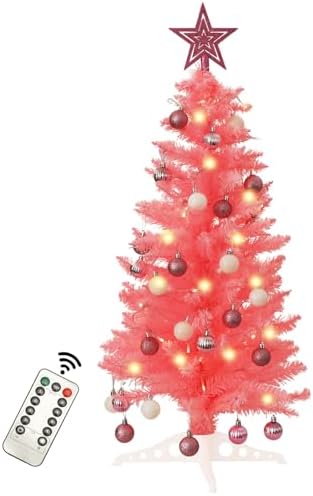 3 FT Artificial Christmas Tree, Pink Christmas Tree with 50 Warm Lights, 8 Lighting Modes Remote Control,15 Ball Ornaments Star Tree Topper, Small Xmas Tree for Home Decor