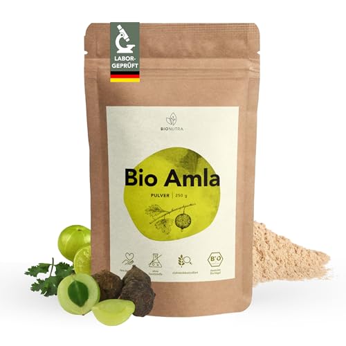 BIONUTRA® Bio Amla Pulver – 250 g Amalaki (indische Stachelbeere), rückstandskontrolliert, vegan, ohne Zusätze, Bio-Rohkost, EU-ÖKO-zertifiziert, gluten- & laktosefrei, natürlicher Vitamin-C-Gehalt