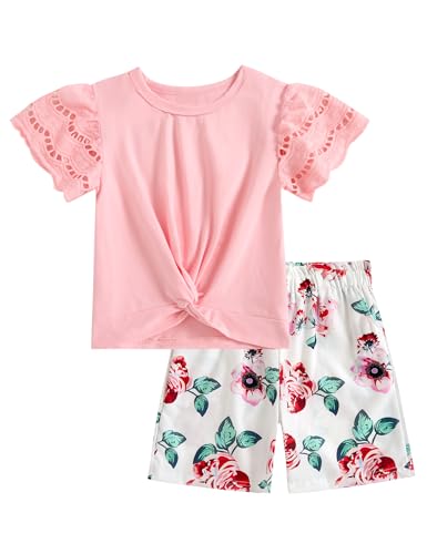 Image of mksodop Girls Clothes 2-Piece Teen Girls clothes Lace Hollow Short-Sleeved Twist T-Shirt And Floral Short Girl Summer Outfits