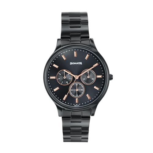 Image of Sonata Axis with Quartz Analog Black Premium Multifunction Design Dial IP Black Strap Watch for Women - 87119NM01