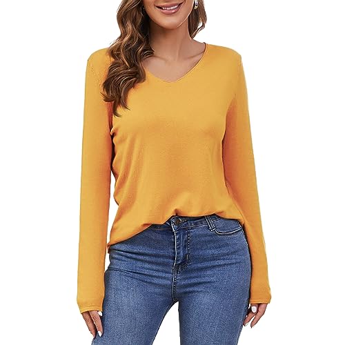 Women's V Neck Pullover Sweater Long Sleeve Soft Knit Lightweight Jumper Tops