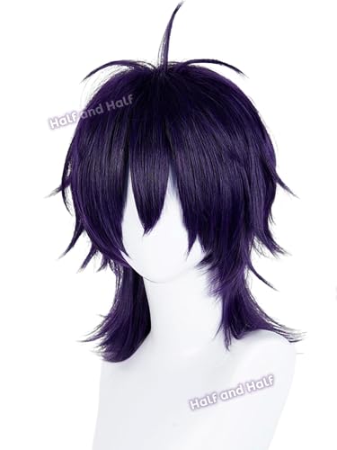 Image of Half and Half Dark Purple Wolf Cut Wig for Narancia Cosplay, Short Black Purple JJBA Anime Wigs with Bangs 16.5'' Shoulder Length Spiky Layered Wigs for Men Women Halloween Party Daily