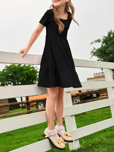 Haloumoning Girls Dresses Kids Summer Short Sleeve Square Neck Dress with Side Pockets 5-14 Years3