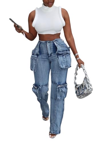 Vaceky Stretch Cargo Jeans Women Straight Leg Side Zipper Slit Denim Y2K Pants with Pockets - Image 3