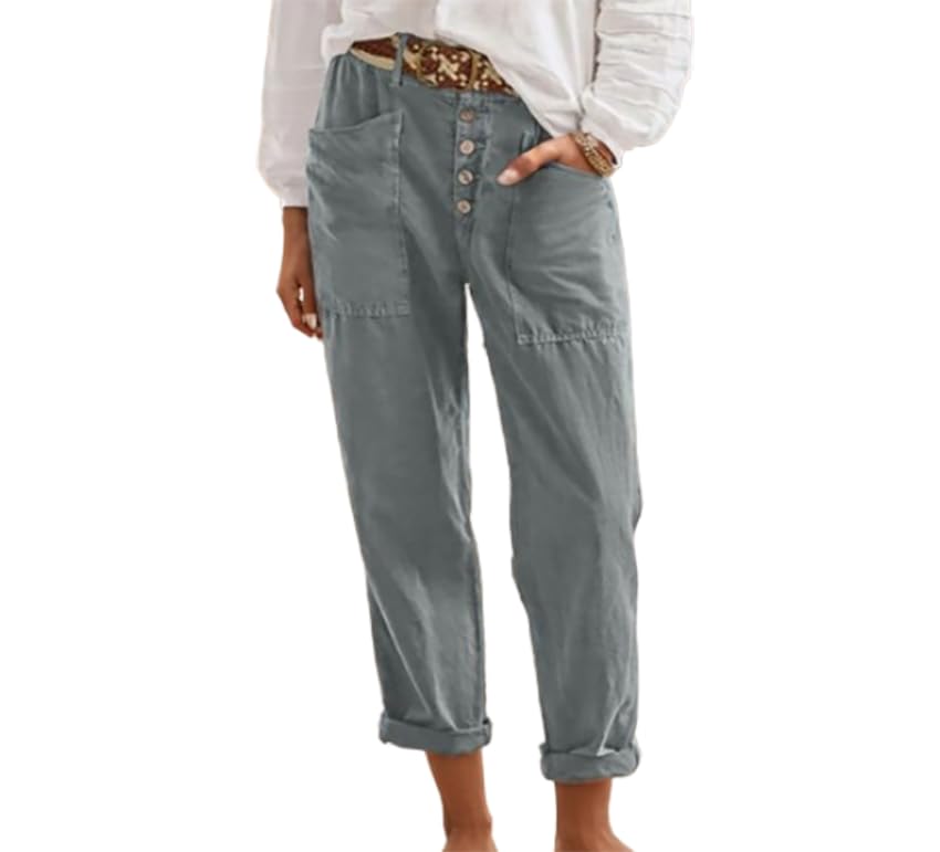 Casual Pants for Women Linen High Elastic Waist Button Capri Pants Loose Baggy Wide Leg Trousers with Pocket