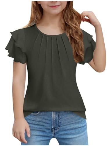 Girls Ruffle Pleated Short Sleeve Shirts Kids Solid Color Casual Crewneck Loose T-Shirts Fashion Trendy Tops Tees