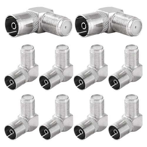 KUOQIY 10 PCS 90 Degree F Female Plug to RF Female Coaxial Aerial Adapter, Right Angle F Type Screw Connector to RF Aerial Converter, Nickel-Plated