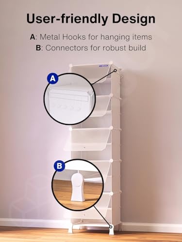Image of BOXJOY 10 Shelf Shoe Rack with 5 Doors, 5 Hook Steel Holder & Wooden Hammer for Home Storage PP Plastic Organizer with Metal Door Frame to Cover Chappal Slipper Sandals Shoes Box Stand (White)