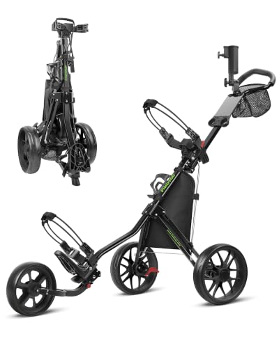 Image of findway Golf Push Cart 3 Wheel, Lightweight & Compact Fold Golf Bag Cart, Golf Caddy Push Carts with Foot Brake, Adjustable Handle, Mesh Bag, Storage Bag, Umbrella & Drink Holder