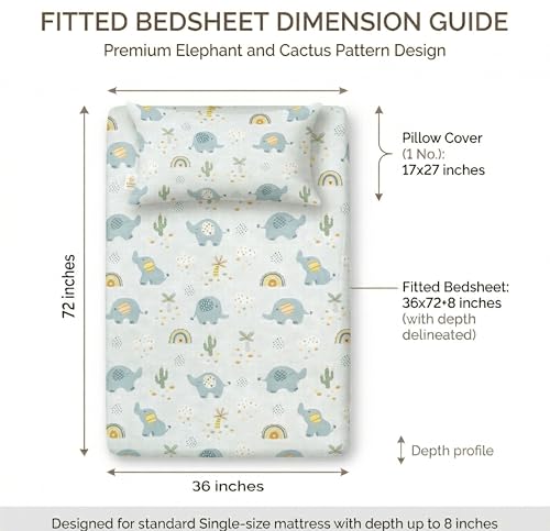 Image of VAS COLLECTIONS Single Bed Fitted Bedsheet 36x72+8 Inches with 1 Pillow Cover | 180 TC Microfiber Elastic Bed Sheet | Soft Breathable Cute Printed Design for Kids & Couples (Kid Elephant Print)
