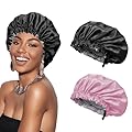 Euqvunn 2 Pezzi Cuffia Seta Capelli Notte, Regolabile con Ampia Fascia Elastica, Doppia Faccia a Due Colori Cuffia Seta Capelli Ricci, Adatto Protezione per Capelli Lunghi/Ricci (Nero Rosa)