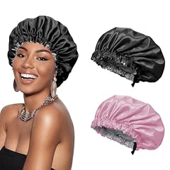 Euqvunn 2 Pezzi Cuffia Seta Capelli Notte, Regolabile con Ampia Fascia Elastica, Doppia Faccia a Due Colori Cuffia Seta Capelli Ricci, Adatto Protezione per Capelli Lunghi/Ricci (Nero Rosa)