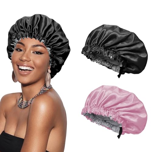 Euqvunn 2Pièces Bonnet Satin Cheveux Nuit, Réglable avec Large Bande Élastique Bonnet en Satin, Double Face À Deux Couleurs, Adapté pour Protection Cheveux Longs/Raides/Bouclés (Noir Rose)