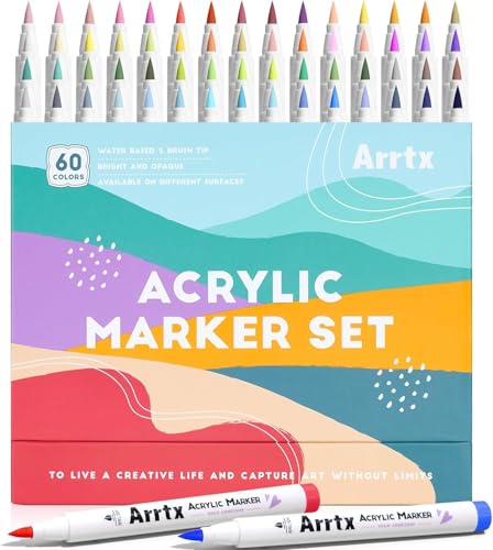 Arrtx アクリルペイントマーカー 風景描写 60色セット ブラシ先端 耐水性 布・石・木・陶器・キャンバス対応 DIYクラフト プロ仕様