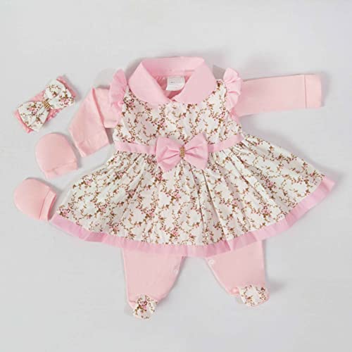 Saída de Maternidade Menina Helena Floral Raminho Rosa 05 Peças 100% Algodão