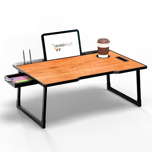 Image of WONDWILD Smart Multipurpose Foldable Laptop Table with Cup Holder, Study Table, Bed Table, Breakfast Table, Foldable and Portable /Ergonomic & Rounded Edges /Non-Slip Legs (ABS Wood)