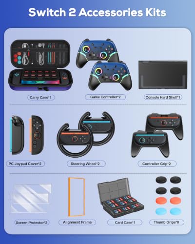 Image of FYOUNG Switch 2 Accessories with Pro Style Controller,Bundle for Nintendo 2 | Case Bundle for Nintendo Switch 2 Console, 23 IN 1 Kit: Carrying Case, Protective Shell, Grip, Steering Wheel