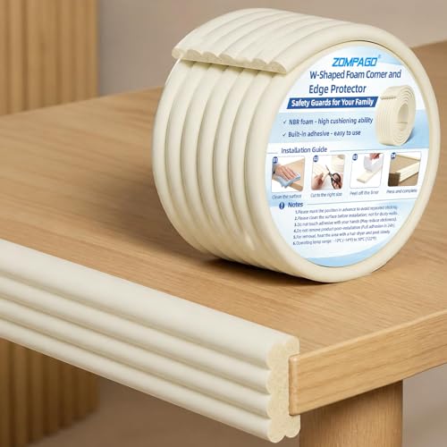 Image of ZOMPAGO Baby Proofing Corner & Edge Protectors, White Foam 0.35 inch Thick x 3.15 inch Wide x 6.56 FT, Self-Adhesive Bumper Strip, Baby Safety Bumpers for Nursery, Kitchen, Fireplace, Table & Furniture
