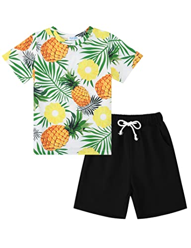 GERU Boy Shorts Sets Hawaiian Outfit Kid Leaves Floral Short Sleeve Shirt Top+shorts Suits