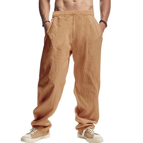 Oversized Linen Trendy Drawstring Straight Sweatpants for Men Summer Casual Beach Wide Leg Pants with Pockets