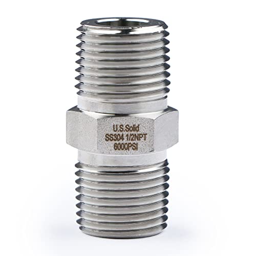 U.S. Solid 304 Stainless Steel Hex Nipple, 6000 psi High Pressure Heavy Duty Pipe Fitting, 1/2