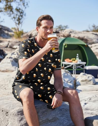 Image of Ekouaer Men's Pajamas Set Casual Short Sleeve Shirts and Shorts Soft 2 Piece Loungewear With Pockets