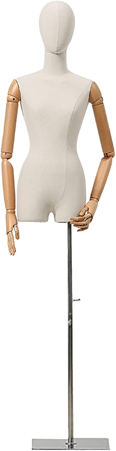 Female Manikin Dress Form with Wood Arms & Metal Square Base,Adjustable Height Mannequin Torso Body for Women Clothing/Dress Display,Silver,Silver