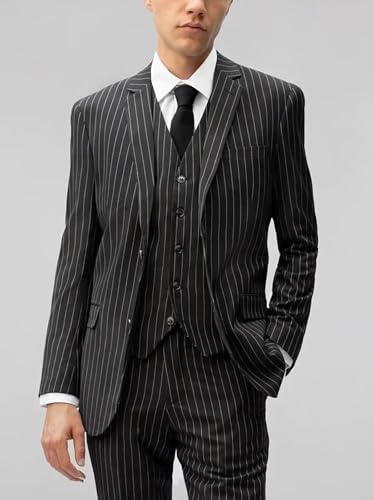 Pinstripe Suit for Men 3 Piece Regular Slim Fit Business Casual Formal Suit Lapel Blazer Pants Vest Set ALV082