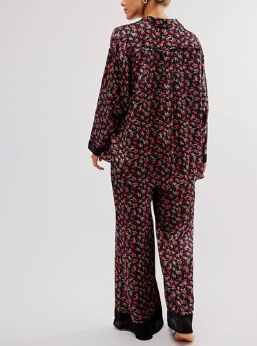 Image of Women Satin Pajama Set Floral Silk Pajamas 2 Piece Lounge Sets Button Down Shirts Wide Leg Pants Pjs Sleepwear