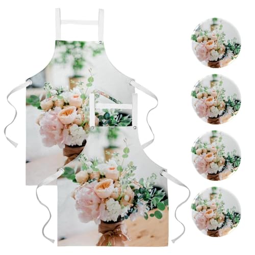 Tablier de cuisine lot de 2 pour restaurant avec broches motif fleur multicolore et poches