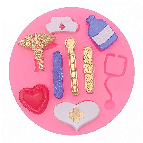 Small Size Nurse Theme Fondant Mold Nurse Hat Stethoscope Pill Bottle Bandage Thermometer Medical Silicone Chocolate Candy Resin Mold Nurse Graduation Retirement Cupcake Topper Decorating Tools