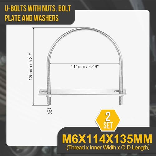 Image of DTGN M6x114x135mm U Bolts Round Kit - 2Set - 304 Stainless Steel U-Bolt Kit with Nuts, Washers, Frame Plate - Good for Pipe, Trailer, Automotive, Leaf Spring Fastener