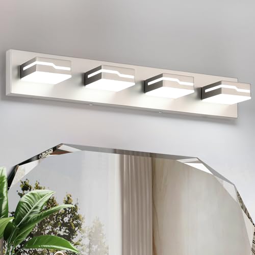 Image of LED Modern Bathroom Vanity Light Fixtures 4-Light, 25.5 inch Dimmable Nickel Vanity Lights for Bathroom Lighting Fixtures Over Mirror, with 350Rotatable Acrylic Heads(White Light 5500K)