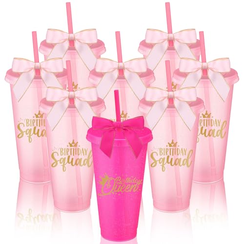 Jingmore 8 Set Birthday Party Glitter Tumblers 24 oz Birthday Squad Birthday Queen Plastic Tumblers with Lid Straw and Twist Bow for Birthday Decorations Party Favor for Women (Rose Red Pink)