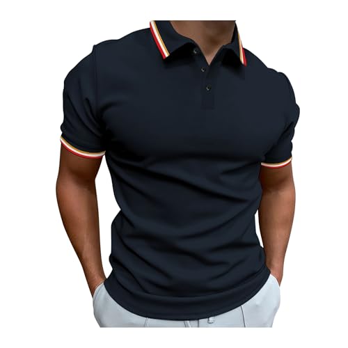 Generic Trendy Polo Shirts for Men Button Up Solid Color Tees Summer Short Sleeve Golf T-Shirt Quick Dry Business Casual Tops 2024 Navy, Large